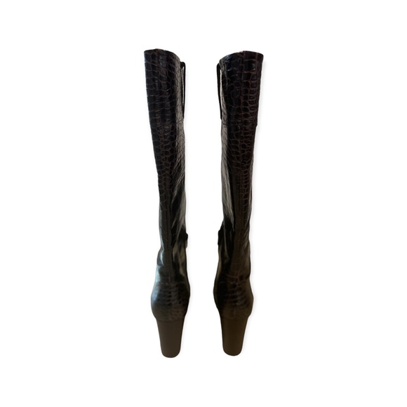 Embossed Animal Print Designer Brown Leather Wedge Heel Knee Boots - Picture 3 of 6